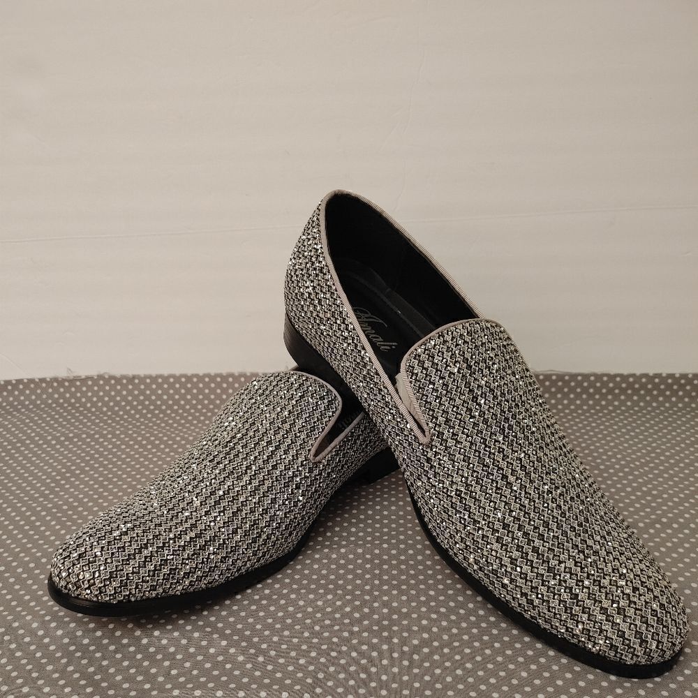 AMALI MEN'S EMELIO METALLIC SILVER GLITTER TUXEDO, SLIP ON LOAFER. SIZE 13D.